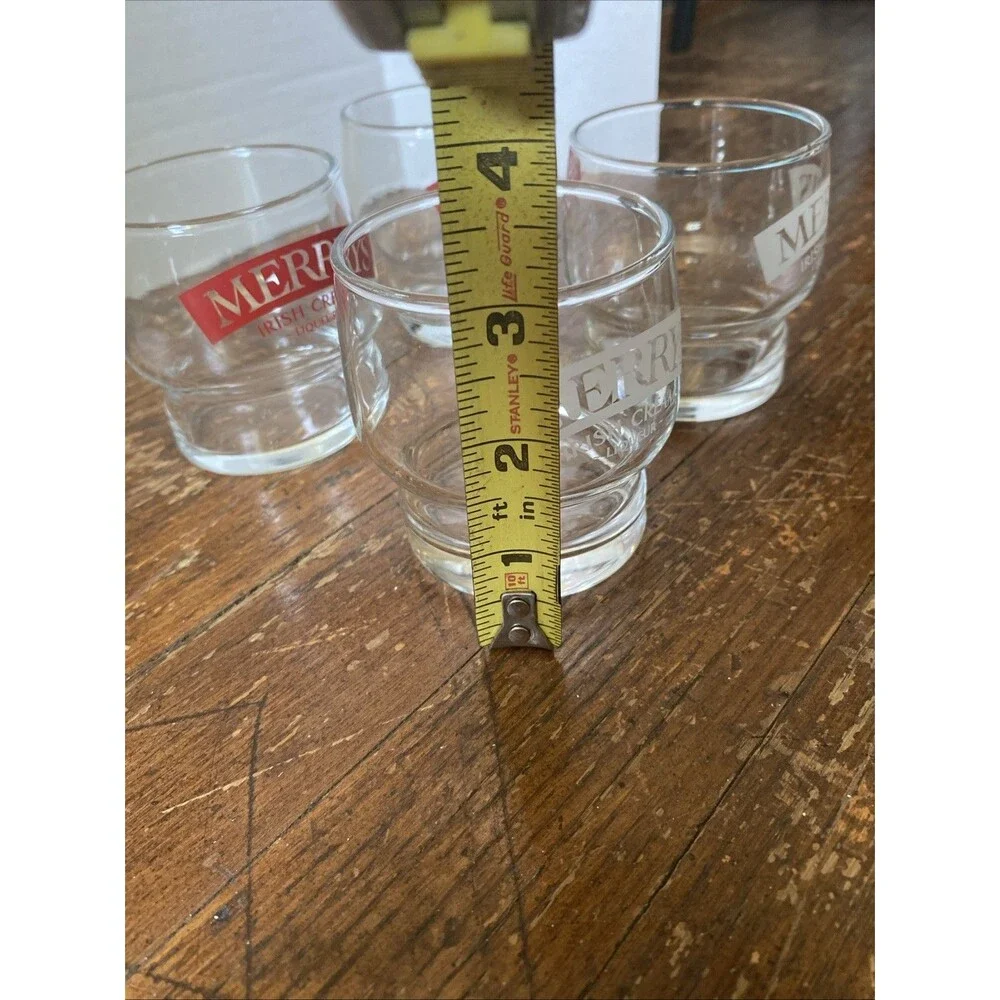 Merrys Irish Cream Liqueur Whiskey Glasses Set of 4 Red & White Letters VTG